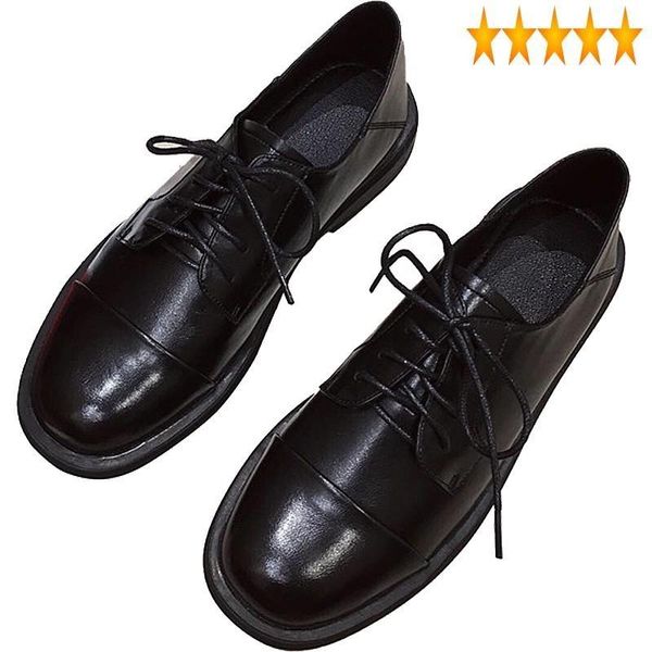 

retro preppy style lace british up womens square heel flat fashion bullock round toe street female casual leather shoes, Black