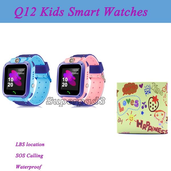 Q12 crianças relógios inteligentes sos telefone chamando smartwatch com cartão sim câmera impermeável ip67 lbs localização crianças presente cute caixa de varejo