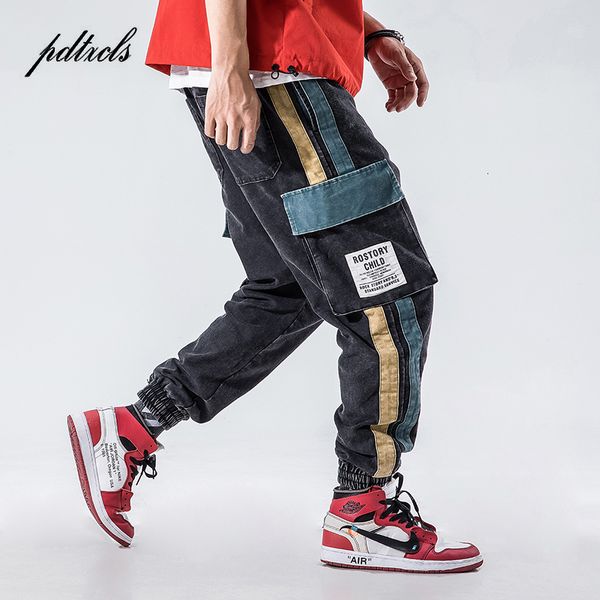 

nieuwe vintage modieuze elastische taille mannen broek herfst kleur blok patchwork toevallige mannelijke jogger cargo broek big size, Black