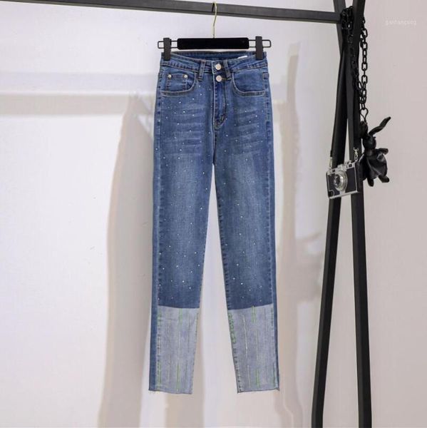 

heavy drilling high waist jeans women 2020 autumn patchwork spliced washed plus size straight denim trousers p17001, Blue