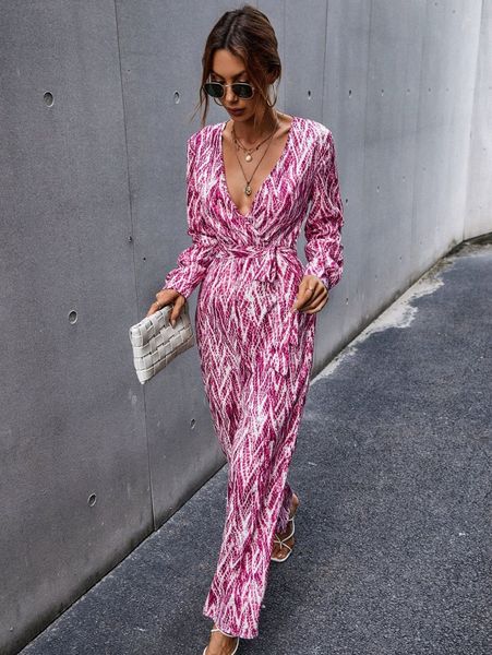 

surplice plunging neck belted all over print jumpsuit f98w#, White