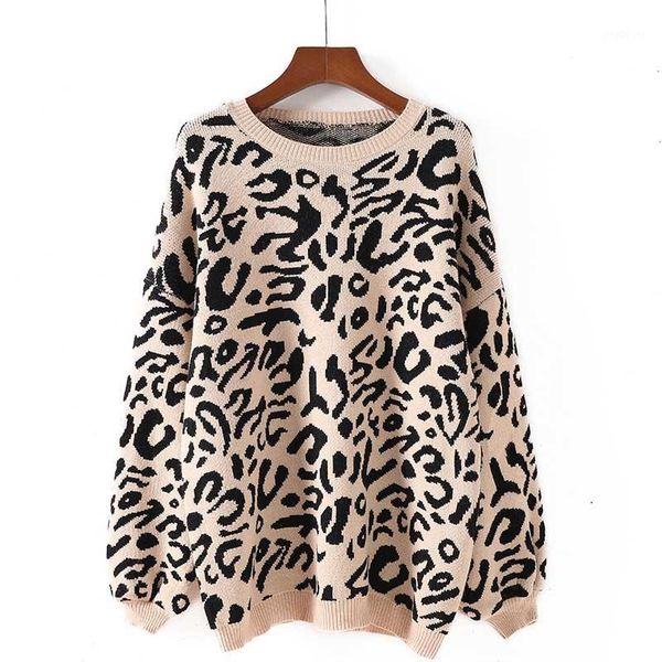 

nicemix fashion knitted women sweater pullovers female lazy wind loose large size leopard print pullover sweater outside women1, White;black