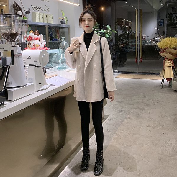

women's 2021 autumn winter new korean outwear female wool mid-length loose straight brown woolen coat women e279, Black