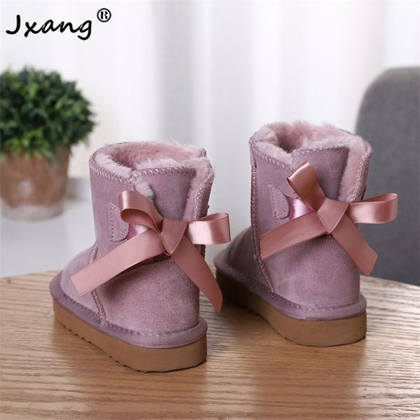 

jxang fashion new pretty children warm girl boy snow boots winter boots genuine cowhide leather lace up butterfly kids shoes 201211, Black;grey