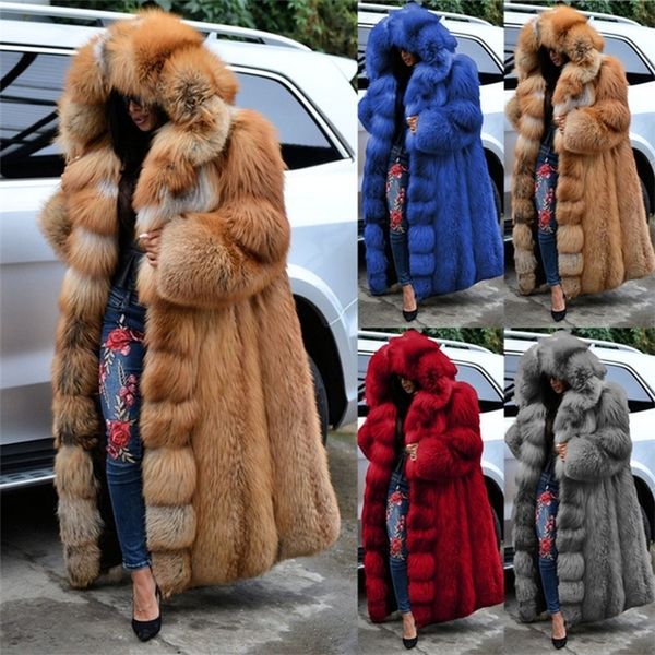 

yskkt faux fur coat women thicken autumn winter warm hooded coat super long coats oversized ladies coats and jackets plus size 201212, Black