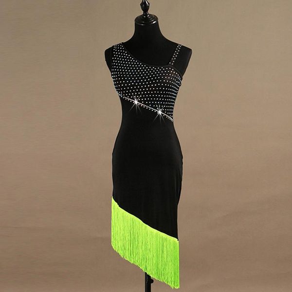 

latin dance dresses for women rhinestone neon green fringe salsa dress professional competitive latin dress stage costume vdb124, Black;red