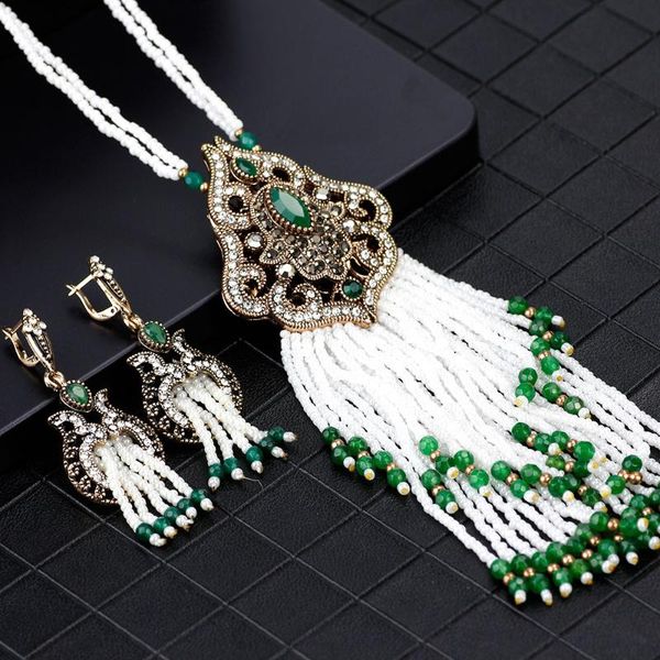 

new turkish women seed bead long necklace dangle earring jewelry sets antique goldcolor resin flower india bohemia ethnic bijoux, Silver
