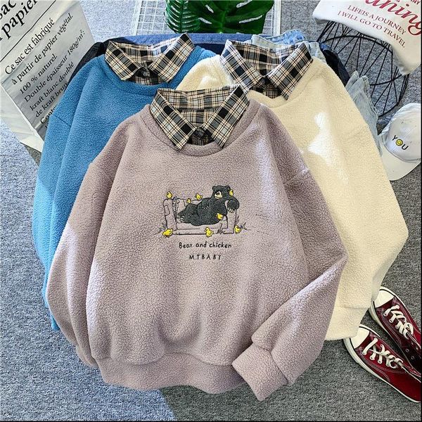 

winter new sweatshirt thick coat female harajuku lamb wool fake two pieces of 2021 autumn loose korean style plus velvet hoodie, Black