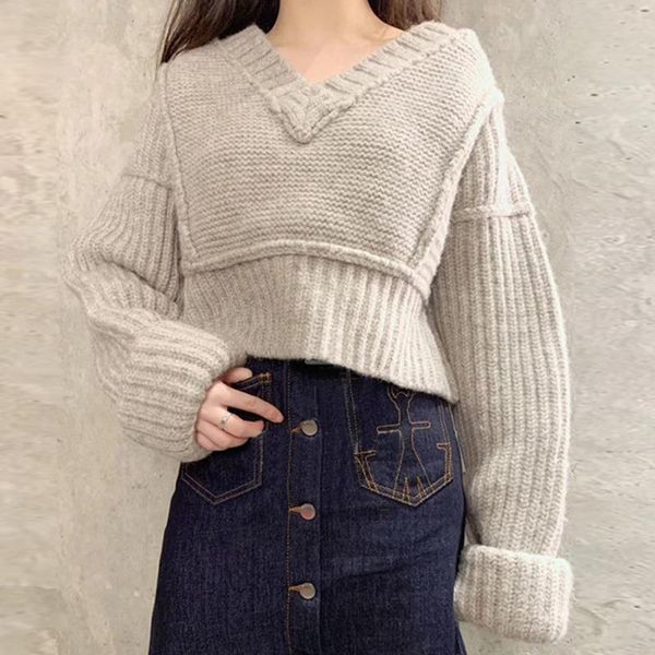

women's sweaters [ewq] 2021 winter women gentle casual v-neck loose soft minimalist solid color long sleeve pullover knitting sweater 8, White;black
