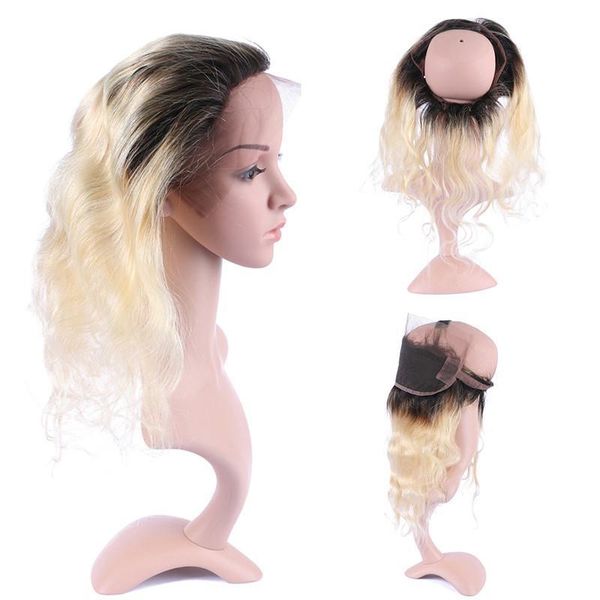 

1b 613 ombre 360 band lace frontal closure 13x4x2 pre plucked body wave 8-22" peruvian human hair blonde ombre 360 lace band closure, Black;brown