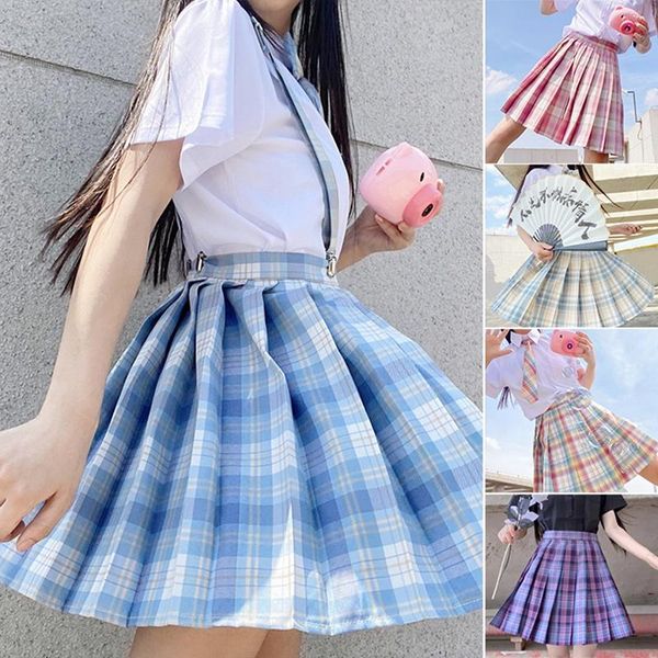 

kili women gothic pleated plaid skirt high waist korea harajuku japanese cute mini a-line skirts, Black