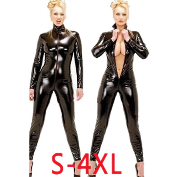 Siyah Catsuit wetlook Suni Deri Uzun Kollu Açık Kasık pvc Fermuarlı Seksi Iç Çamaşırı Lateks Catsuit Fetiş Giyim Seksi oyun Kostümleri