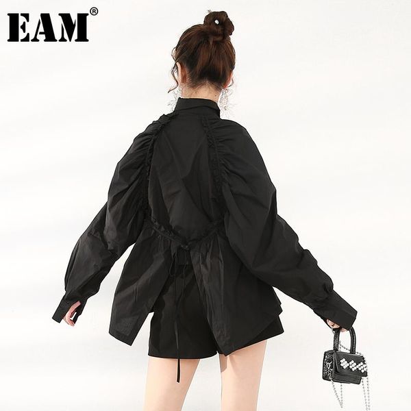 

eam] women drawstring back blouse new lapel long lantern sleeve loose fit shirt fashion tide spring autumn 2021 1dd040101, White