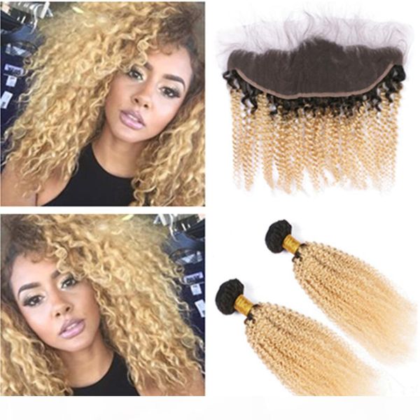 

malaysian human hair kinky curly blonde ombre 2bundles with frontal 1b 613 blonde ombre curly virgin hair weaves with 13x4 full lace frontal, Black;brown