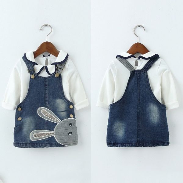 

2 pcs/set spring/autumn baby girls denim dress embroidered sling children clothing sets lace t shirts+jeans dress set y200525, White