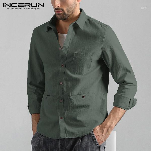 

incerun autumn mens shirt cotton long sleeve lapel retro multi pockets blouse harajuku casual shirts men solid color camisa 20191, White;black
