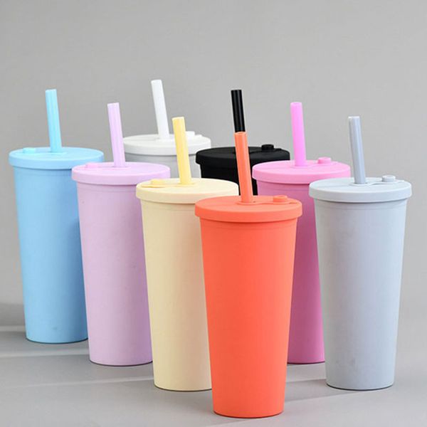 ZL0449 Kupalar 700ml Yeniden Kullanılabilir Tumbler Çift Katmanlı Plastik Büyük Delik Saman Kupası Su Şişesi Seyahat Kahve İçecekleri Suyu Kupaları