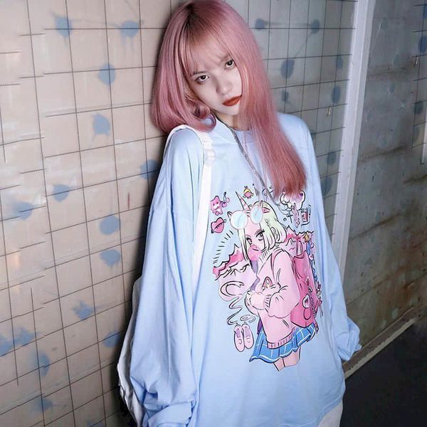

tshirt women autumn ins harajuku bf wind japanese two-dimensional comics printing loose long-sleeved t-shirt female student, White
