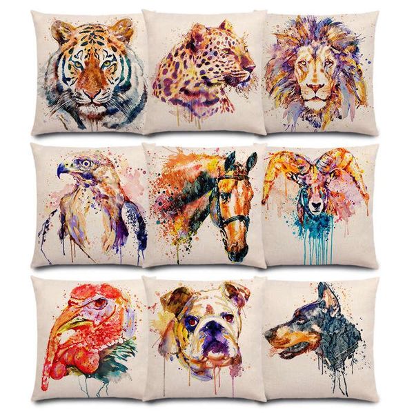 

watercolor animals head portrait bighorn lion leopard tiger bear eagle horse dogs good cushion cover sofa throw pillow case