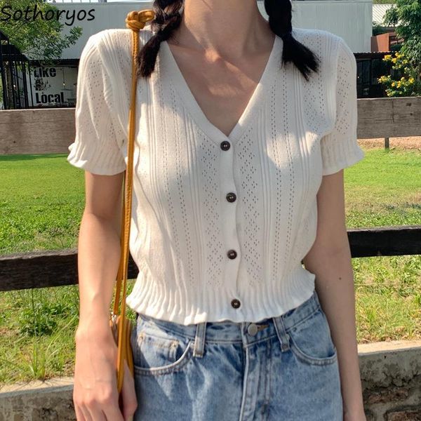 

women short sleeve t-shirts solid knitted hollow out single breasted v-neck japanese style students sweet fashion chic tshirts1, White