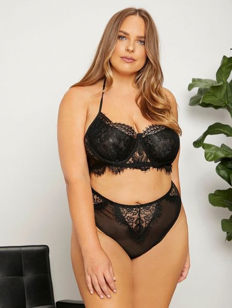 

plus floral lace mesh underwire lingerie set 92la#, Black;white