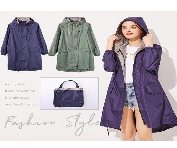 

женский стильный длинный плащ водонепроницаемый дождевой куртка дождя с капюшоном на пальто для пеших прогулок, путешествующих синий зеленый