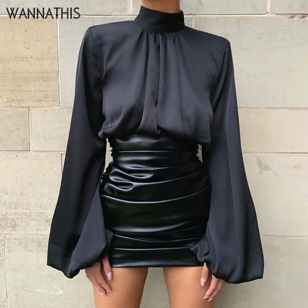 

wannathis black lantern sleeve hight neck satin blouse women slim solid ruched cropped elastic fashion spring elegant ladies y200402, White
