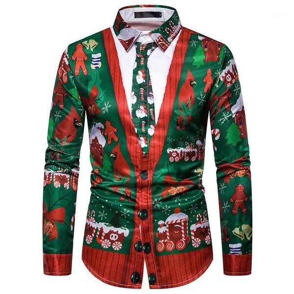 

men's christmas shirt 2019 men's new christmas santa printed long sleeve shirt fake two printed1, White;black