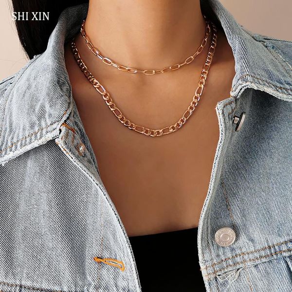 

shixin 2 pcs/set separable chunky link chain necklace on the neck fashion layered short choker necklace for women jewelry collar, Silver