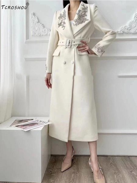 

women's wool & blends heavy craftsmanship, beading, diamond, lapel, bandage, waist, woolen coat, winter style, warm coat, Black