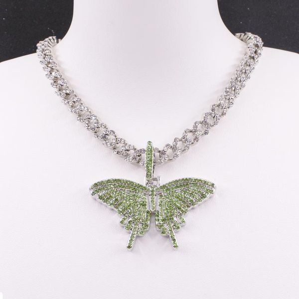 

8 мм miami cuban link change 48 мм зеленая бабочка подвесной розовый синий хрусталь женское ожерелье рэп хип-хоп серебряный цвет украшения, Silver