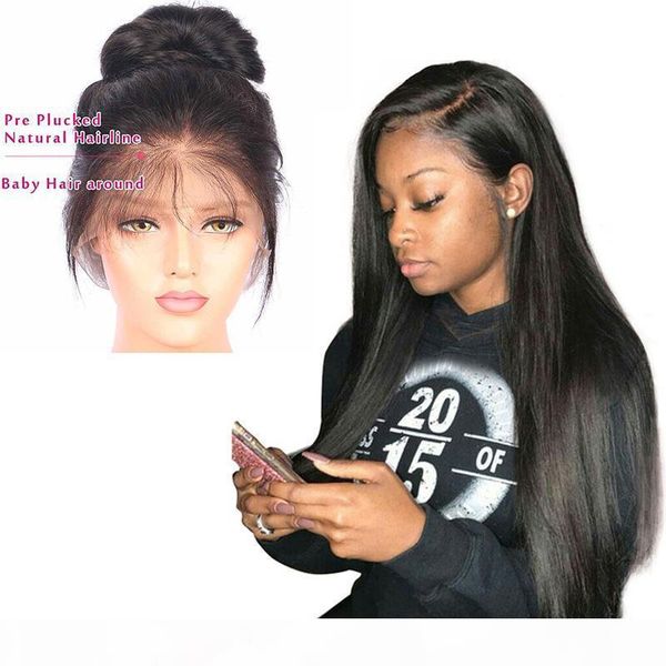 

brazilian lace front human hair wigs with baby hair pre plucked brazilian glueless straight lace front wigs for black women, Black;brown