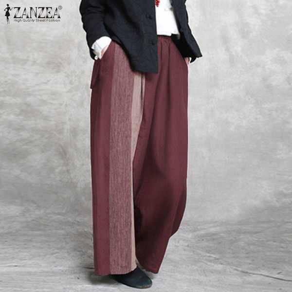 

zanzea women wide leg pants autumn trousers casual elastic waist color block cotton linen vintage palazzo streetwear pantalon1, Black;white