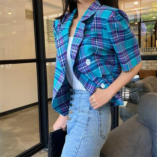 

2020 new double-breasted short sleeve female short jacket vintage plaid suit blazer coat women elegant summer blazers1, White;black
