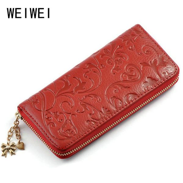 

weiwei brand fashion genuine leather wallet women's purse clutch bags long embossing women wallet money clips female purse qb20 c1115, Red;black
