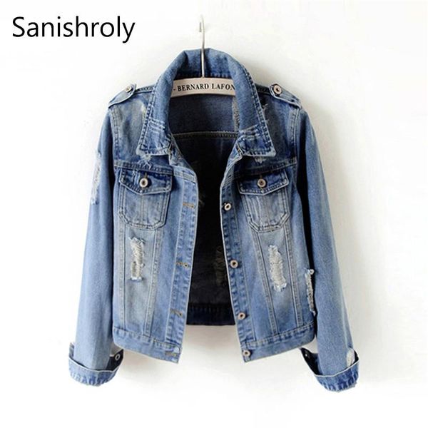 

spring autumn women long sleeve denim jacket vintage all match hole jean coat students short outerwear plus size 6xl se577, Black;brown