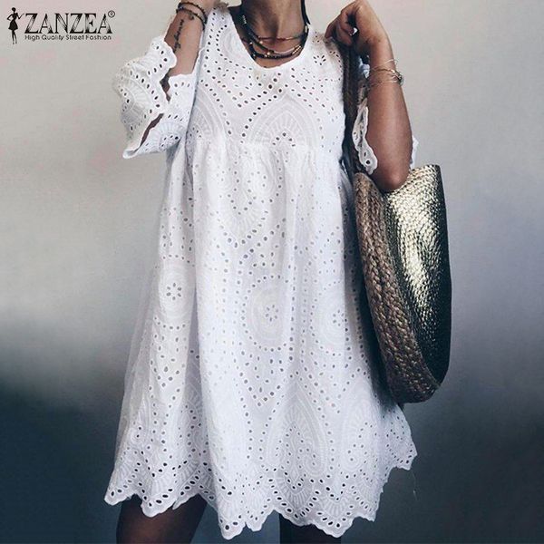 

zanzea 2021 bohemain lace dress women's summer sundress fashion flare sleeve knee length vestidos female hollow cotton robe 5xl c0122