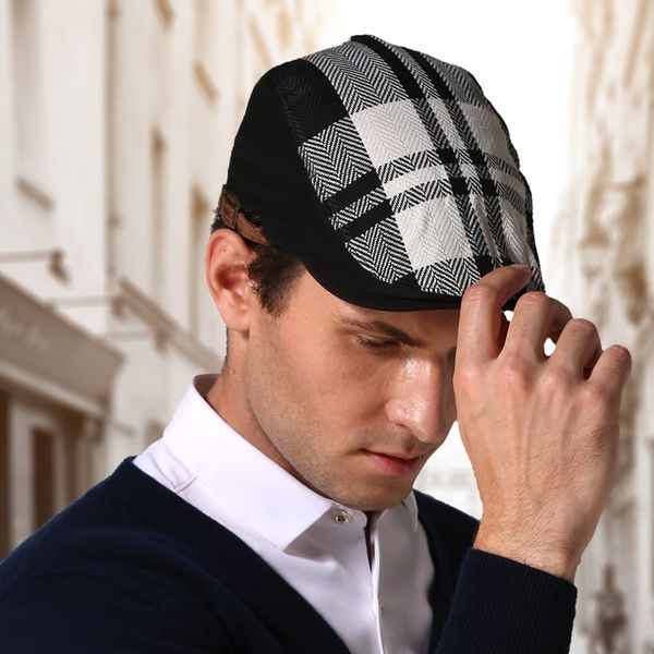 

hemp material flat cap black and white checkered beret men's berets hat t200715, Blue;gray
