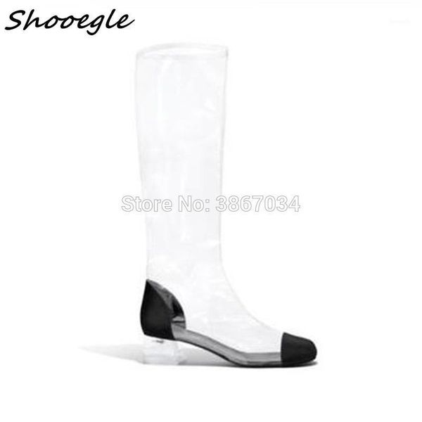 

boots shooegle transparent pvc patchwork women roune toe clear crystal heel long fashion lady street runway shoes1, Black
