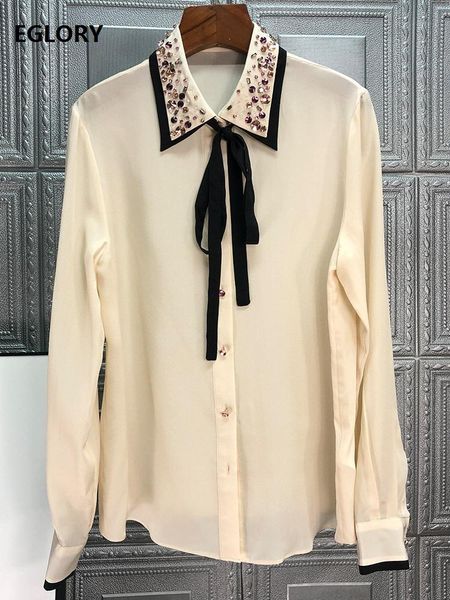 

women's blouses & shirts 100%silk blouse shirt 2021 spring summer elegant women turn-down collar sequined deco black apricot female, White