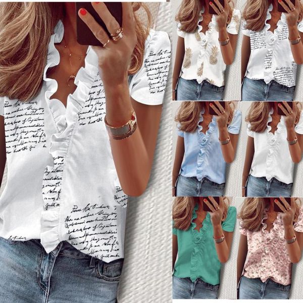 

elegant new daisy pineapple print ruffle blouse shirts office lady summer short sleeve slim blouses women v-neck, White