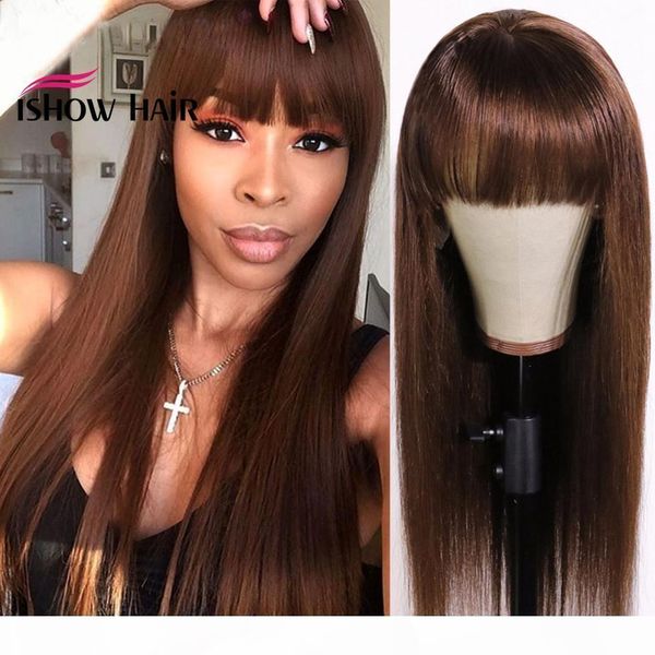 

ishow brazilian 4 27 straight human hair wigs with bangs 27# 30# 99j orange ginger 350# peruvian none lace wigs indian hair malaysian, Black;brown