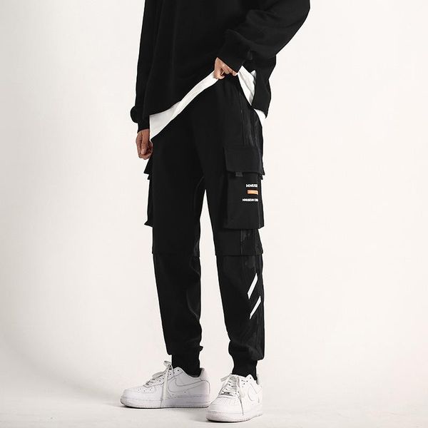 

men's pants 2021 streetwear multi pockets cargo harem hip hop casual male track joggers trousers harajuku men xxxl, Black