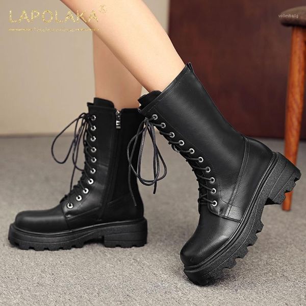 

lapolaka 2020 new arrivals big size 43 platform shoes woman boots female zip up comfortable motorcycle boots ladies1, Black