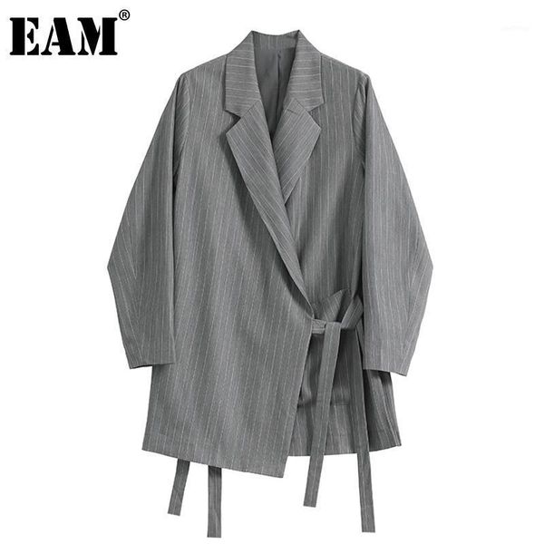 

eam] women gray striped drawstring blazer new lapel long sleeve loose fit jacket fashion tide spring autumn 2021 1da7271, White;black