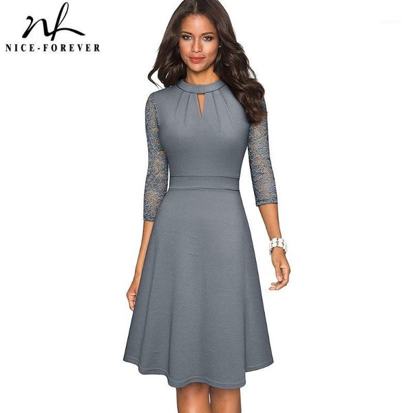 

nice-forever autumn solid color with hollow out lace patchwork retro dresses business party flare swing women dress a2341, Black;gray