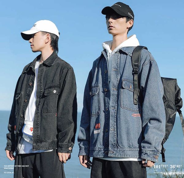 

men's wear 2021 fall new denim jacket male printed coat black blue denim jacket jean size xl 2xl boy jacket, Black;brown