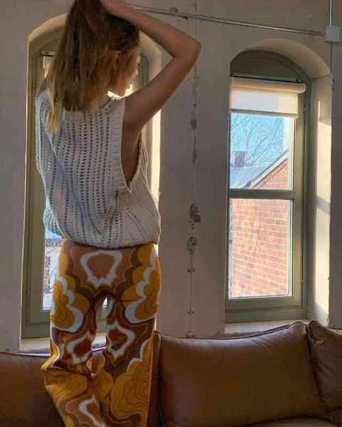 

vintage irregular geometric printed high waist trousers women slim fit long pants with waistband for summer chic bell-bottoms, Black;white