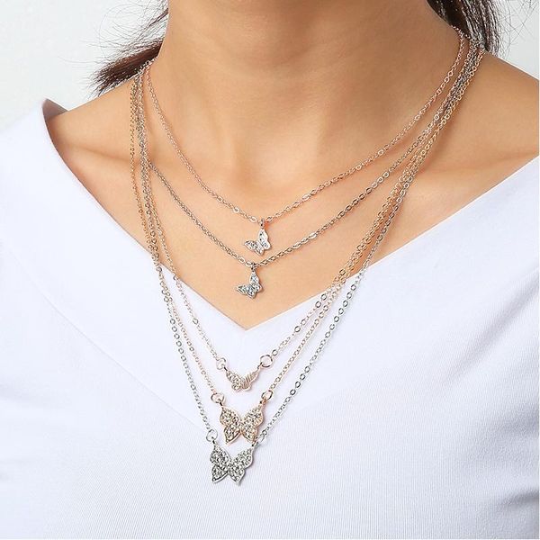 

chains 5pcs/set fashion butterfly crystal necklaces set charm multilayer chain women party necklace exquisite girl birthday jewelry, Silver