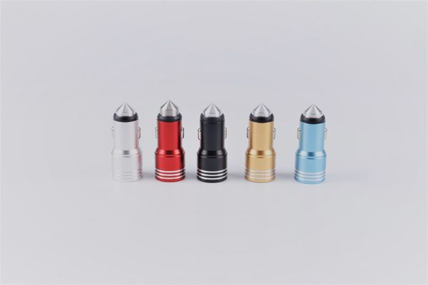 

5v 2a+1a metal safety hammer bullet travel charger dual usb ports car adapter